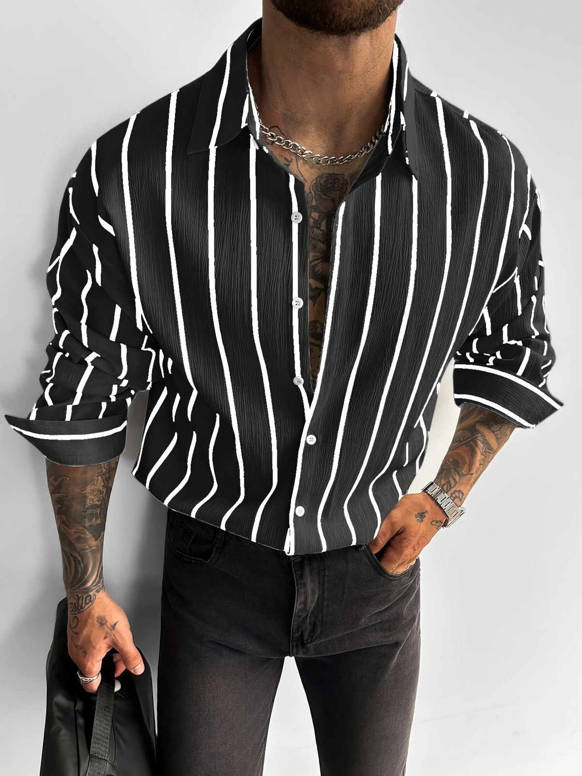 Men's Classic Black and White Striped Long-Sleeve Shirt, Textured Button-Up Shirt, Suitable for Casual and Office Commuting, All Seasons, Men's Gift - Black