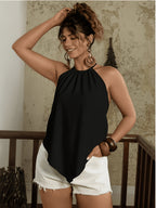 Elegant Summer Vacation Style Halter Neck Shirt, Irregular Hem Sleeveless Top, Sexy Open Back Loose Fit Outerwear Suitable for Nightclubs, Dates, and Casual Wear - Black