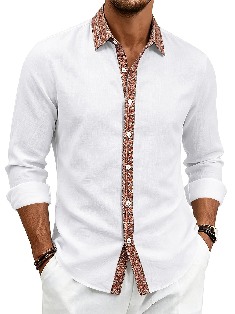 Men's Retro Button- Linen Shirt - Lightweight Breathable Suitable for Beach Vacation, Travel & Daily Wear, Loose Fit Roll Sleeve Collar & Placket Button Collar Shirt, Machine Washable for - Resort Wear (Solid Color) - White