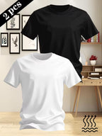 Men's 2pcs Summer Short-Sleeve T-Shirts, Breathable Summer Sport Tops, Fashion Style - White+black