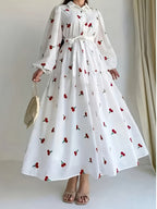 Elegant Printed Long Sleeve Dress for Spring And Autumn, Women'S, Non-Stretchable, Machine Washable - Suitable for All Seasons - White