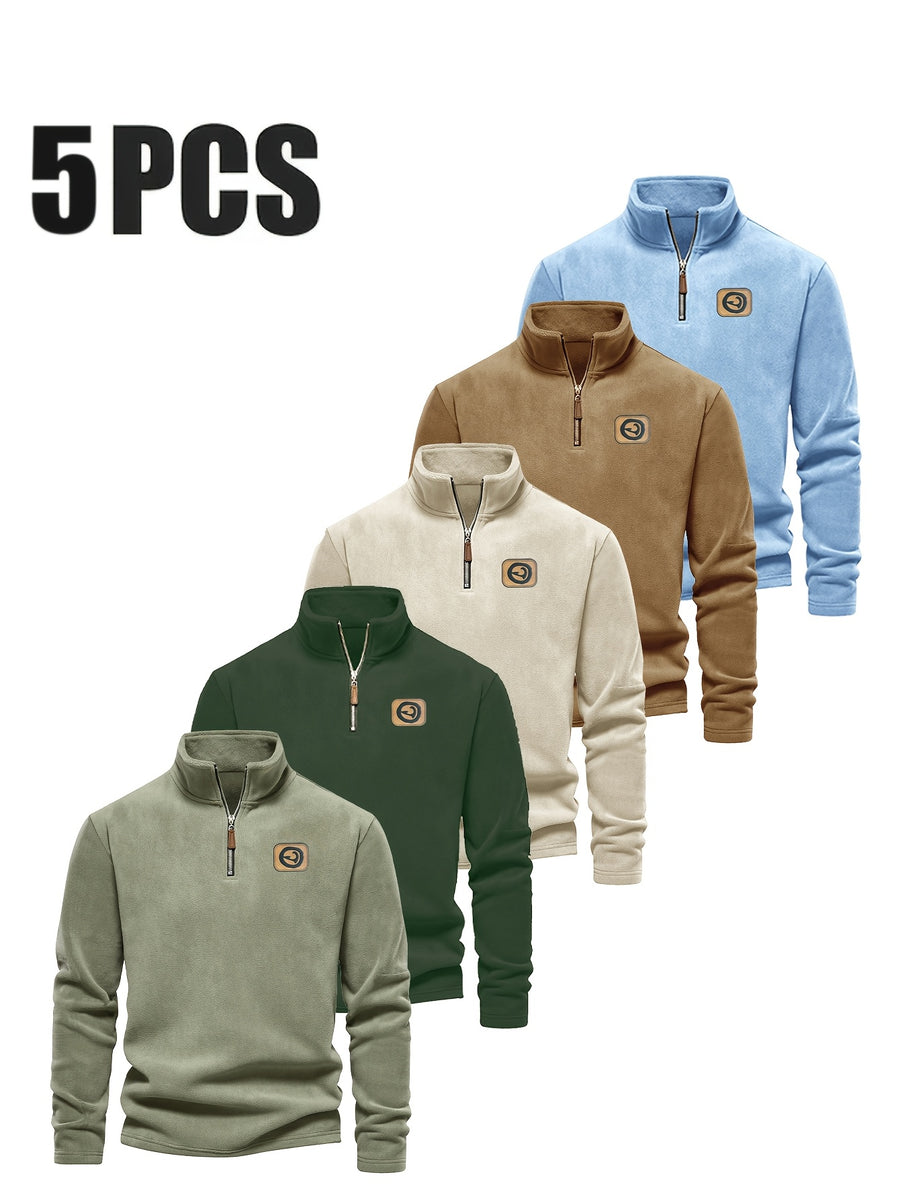 Men's Half-Zip Pullover Top, 5pcs, Soft and Skin-Friendly, Versatile for Daily Casual and Sportswear - Mint Green + Dark Green + Sky Blue + Apricot + Orange