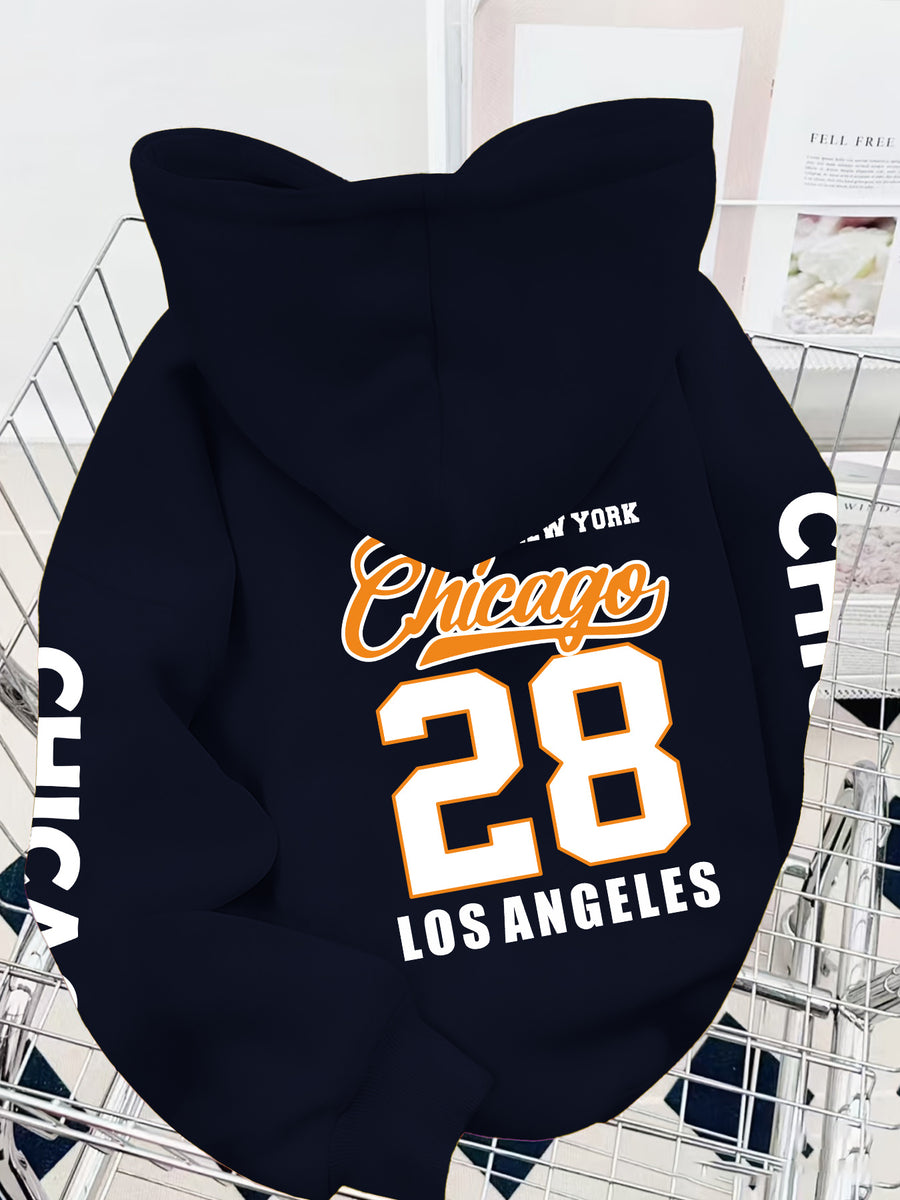 Chicago Back Print + Arm Graphic Design Men's Hooded Sweatshirt for Autumn/Winter, Casual Trendy Street Style Comfortable Fabric - Navy Color