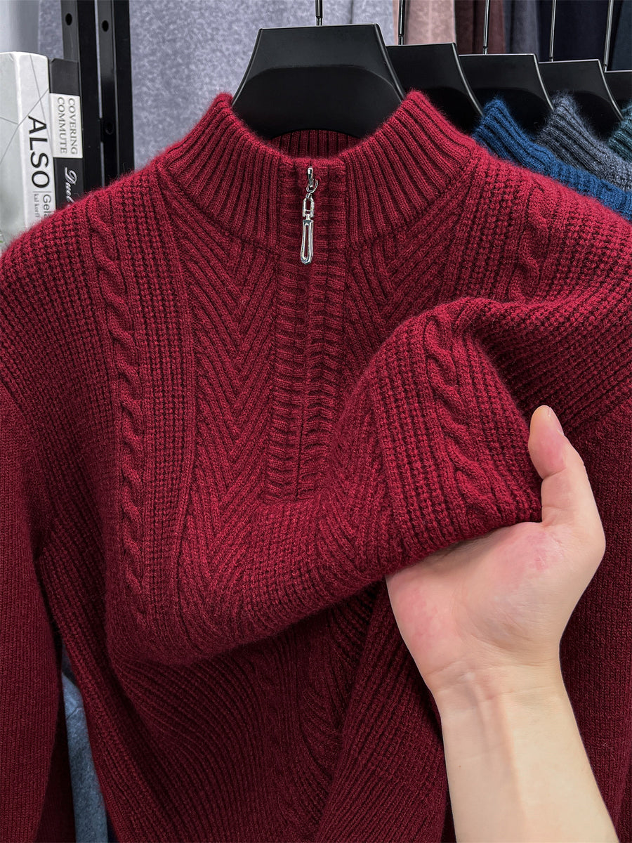 Men's Solid Color Knit Sweater Half-Zip Crew Neck Pullover - Warm Winter Sweater Suitable for Fall/Winter, Casual Long Sleeve Knitwear, Basic Solid Color Sweater for Office & Casual Attire, All Sizes Available - Burgundy color