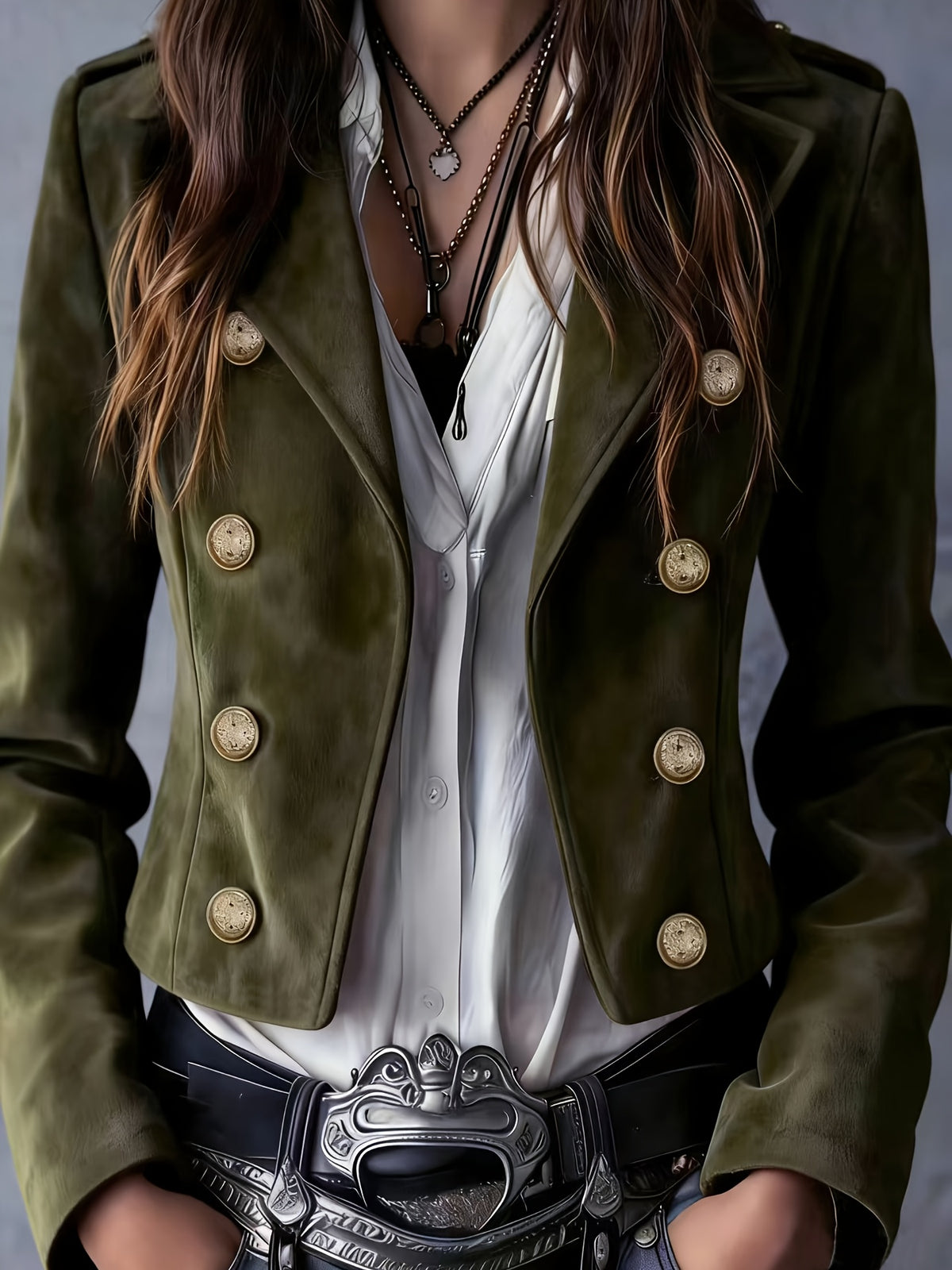 Women's Faux Long-Sleeve Blazer, Vintage-Style Suit Jacket with Golden Button Accents, Casual Short Outerwear - Olive Green