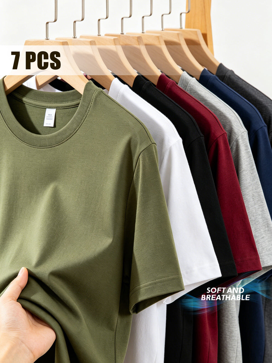 7pcs Premium Solid-Color Crew-Neck Short-Sleeve T-Shirts - Basic, Loose, And Breathable; Suitable for Daily Wear And Travel; Ideal for Spring (If You Prefer a Loose Fit, Ordering One Size Up Is Recommended) - Army green, white, black, burgundy, light gray, navy blue, dark gray