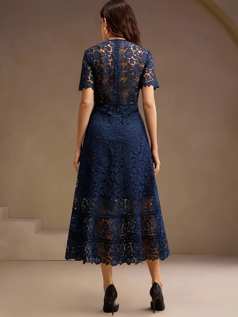 French Lace Cut-out Dress, with a Fashionable Ruffled Panel Design, Features a Flattering Waistline for an Elegant Look, Perfect for Any Formal Occasion. Women's Fashion Must-have - Navy Color