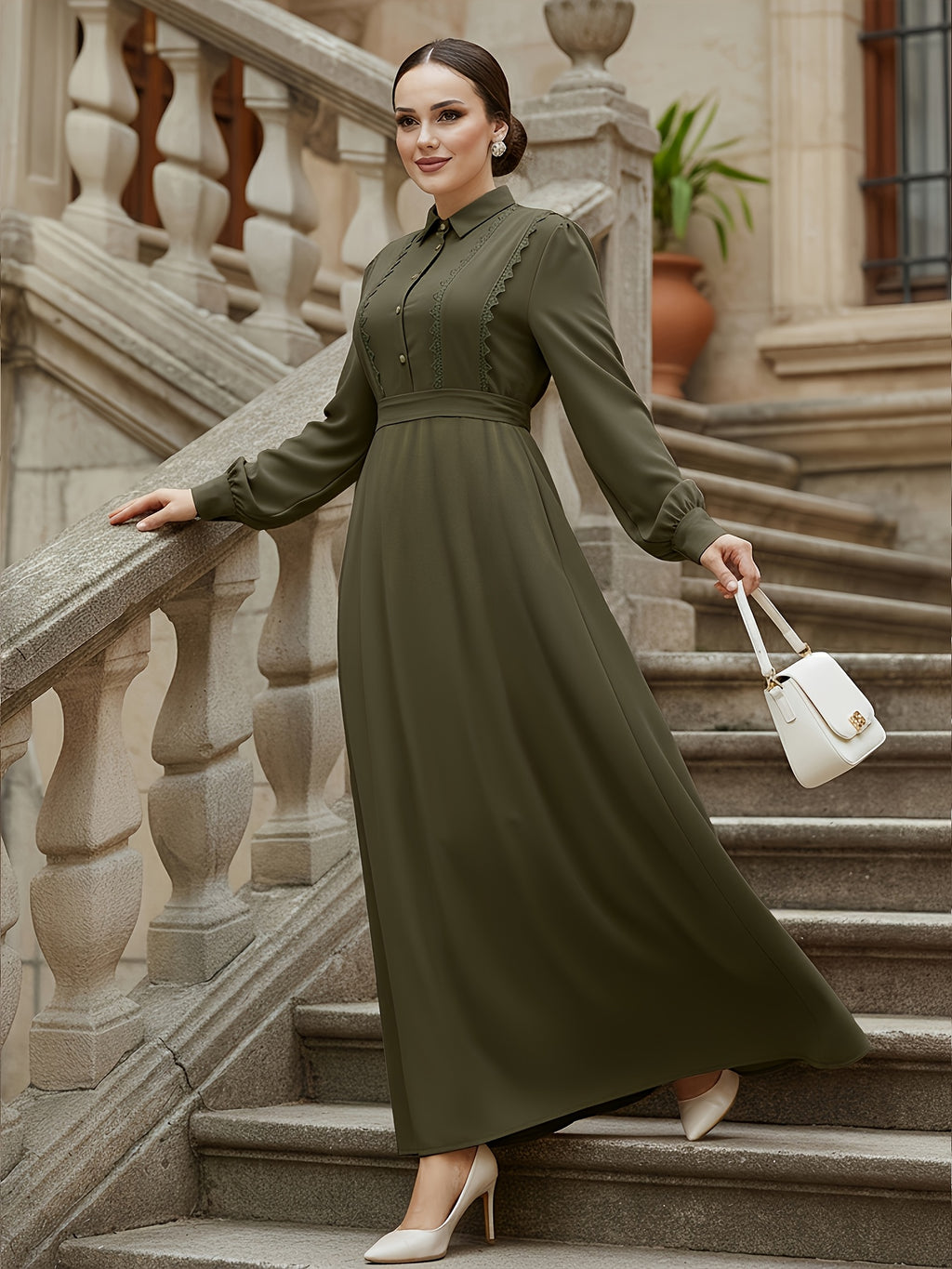 Middle Eastern Muslim Women's Elegant Solid Color Lapel Lace Patchwork Front Button Tie-Up A-Line Abaya Robe - Olive Green