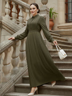 Middle Eastern Muslim Women's Elegant Solid Color Lapel Lace Patchwork Front Button Tie-Up A-Line Abaya Robe - Olive Green