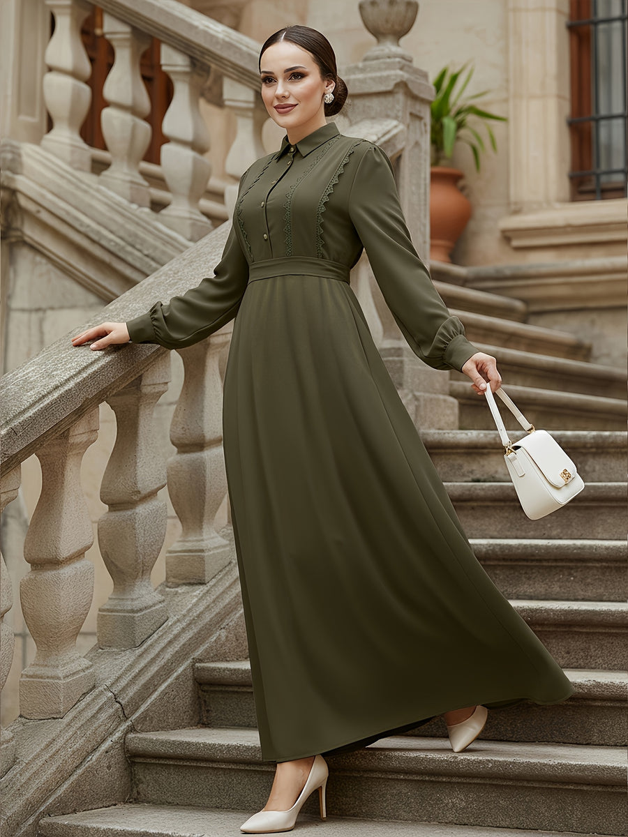 Middle Eastern Muslim Women's Elegant Solid Color Lapel Lace Patchwork Front Button Tie-Up A-Line Abaya Robe - Olive Green