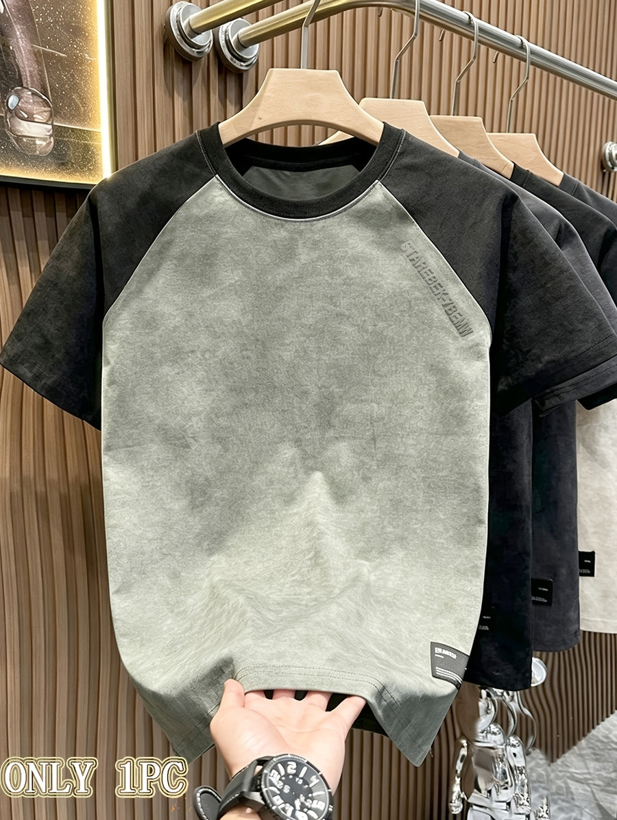 Men's Casual T-Shirt In Stock, Men's Summer Simple Versatile Round Neck Trendy Brand Light Luxury Men's T-Shirt Short Sleeve Spliced Shoulder Youth Fashion Top - Smoke Blue