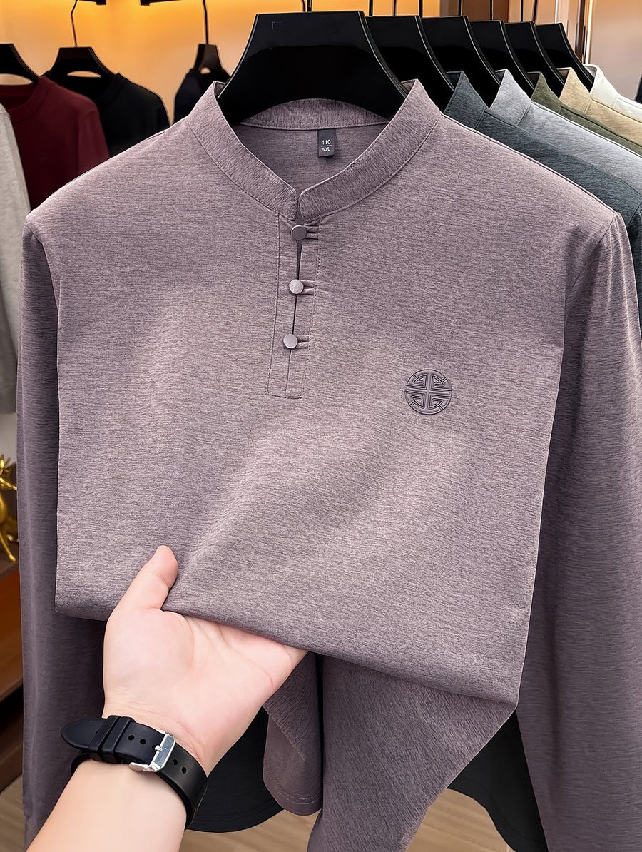 Men's Long-Sleeve T-Shirt with Chinese-Style Stand-Up Collar and Three Buttons, Spring/Autumn Fit Style Casual Base Layer Top - Fuchsia