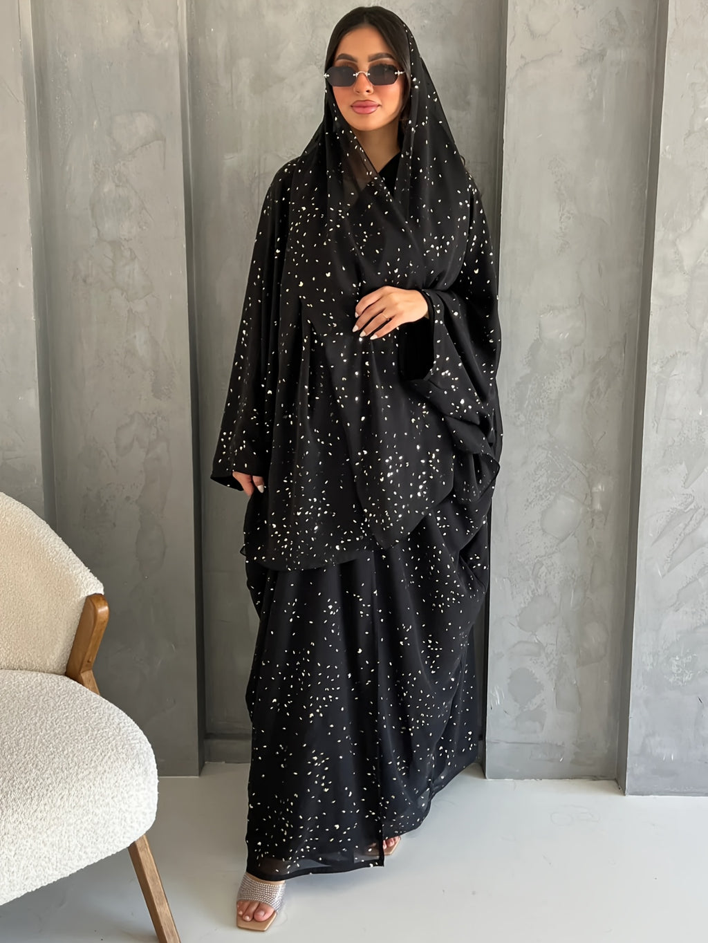 A Women's Sequin Embellished Open Abaya Cardigan & Matching Headscarf Set, Modest Dubai Fashion Outerwear - Black