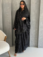 A Women's Sequin Embellished Open Abaya Cardigan & Matching Headscarf Set, Modest Dubai Fashion Outerwear - Black