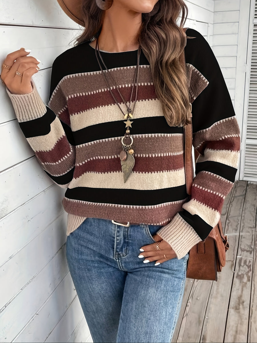 Women's Vintage Casual Sweater - Soft Medium-Stretch Round Neck Long Sleeve, Horizontal Striped Loose Fit Pullover for All-Season Comfort & Everyday Elegance, Cute Sweaters, Elegant Layering Piece, Durable Knitwear - Black