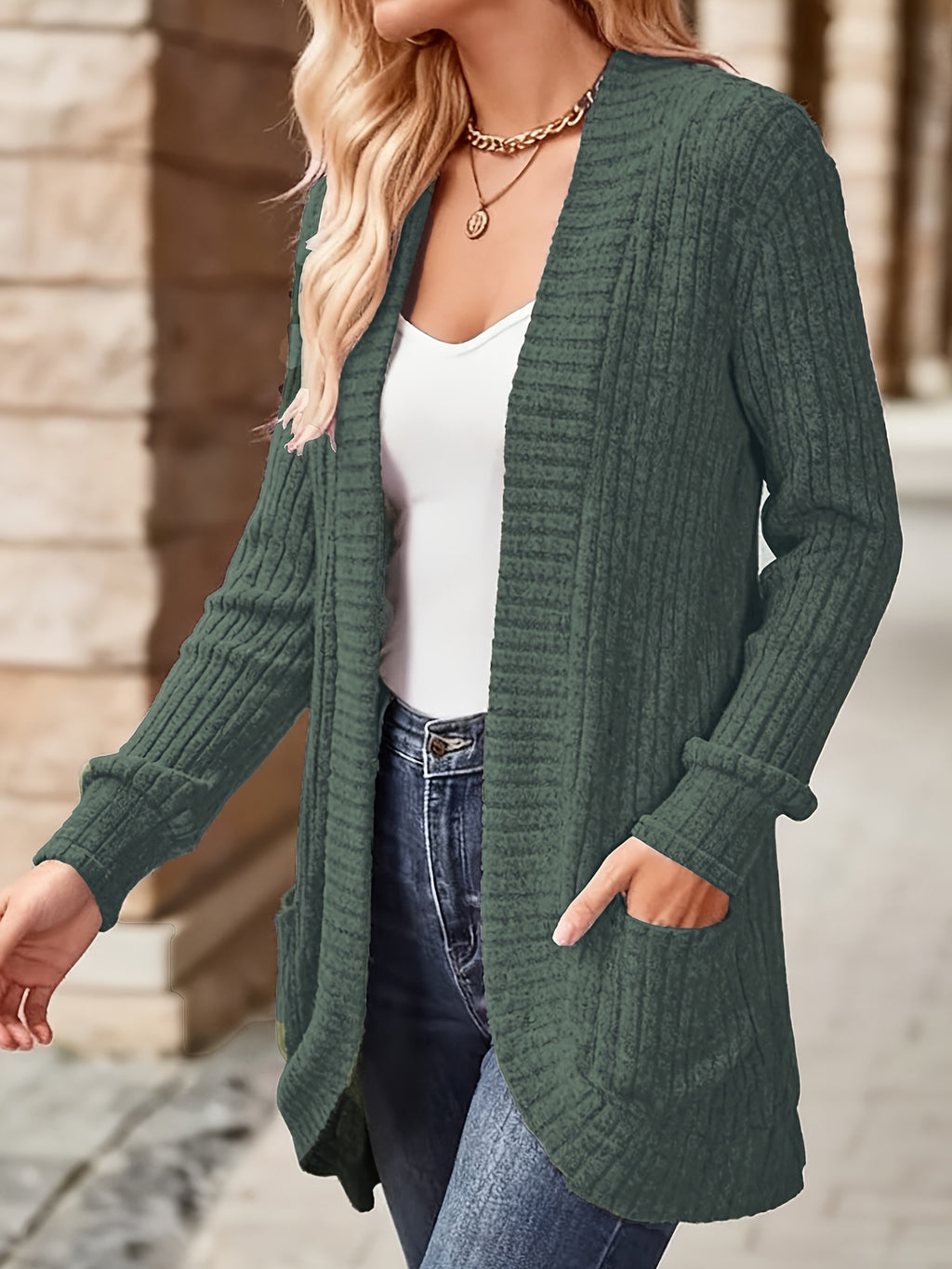 Women's Solid Color Brushed Casual Spliced Long Sleeve Cardigan - Malachite Green