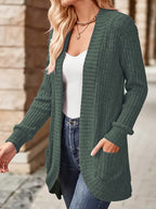 Women's Solid Color Brushed Casual Spliced Long Sleeve Cardigan - Malachite Green