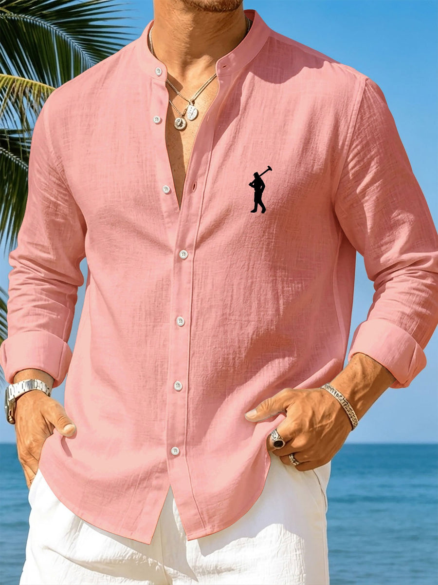 Men'S New Fashion Stand-Up Collar Long Sleeve Shirt, Lightweight Linen-Like Comfortable Fabric, Laborer Print Pattern, Suitable for Daily Commute Outdoor, Beach Vacation And Multi-Scene Wear Casual Shirt, Regular Fit Non-Picky Body Shape - Light Pink Color