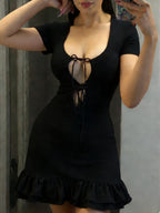Summer Western Cross-Border New Women'S Chest Tie-String Hollow Sexy Fashion Ruffled Women'S Dress - Black