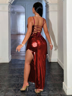 Elegant Long Evening Gown | Off the Shoulder, Cross Straps, Fitted, Solid Color, Suitable for Formal Events and Weddings. - Burgundy