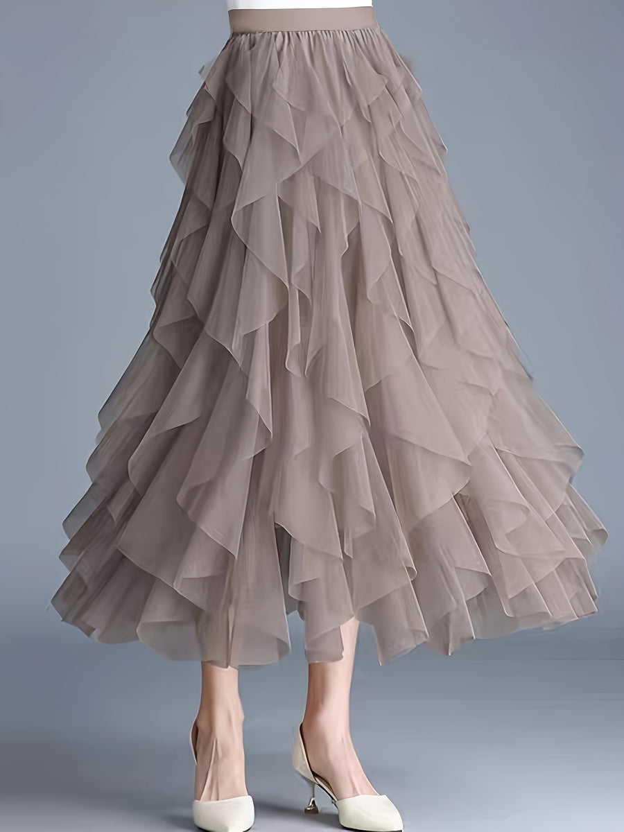 Chic Elegance, Elegant High-Waist A-Line Tulle Skirt for Women - Chic Korean-Style Spring Collection, Sheer Brown Polyester with Delicate Mesh Layers, Perfect for Summer Skirt - Khaki