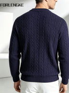 FORLENGKE Men'S Vintage Cable Knit Henley Sweater, Soft Warm Half-Button Pullover for Autumn Winter Daily Business Wear - Navy Color