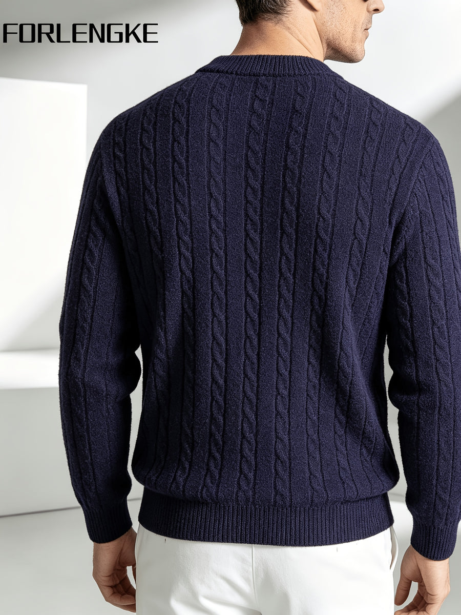 FORLENGKE Men'S Vintage Cable Knit Henley Sweater, Soft Warm Half-Button Pullover for Autumn Winter Daily Business Wear - Navy Color