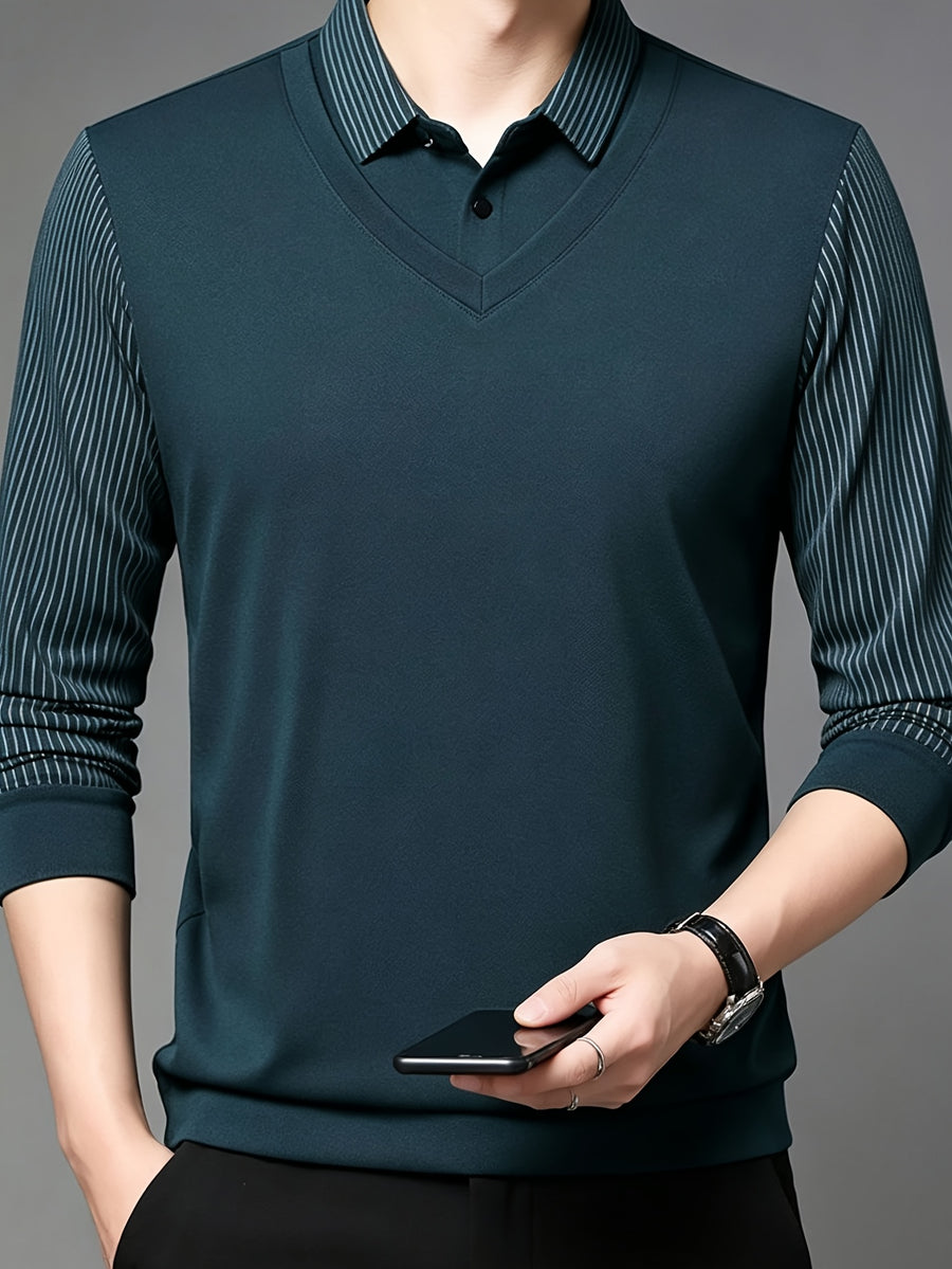 Men'S Shirt Collar Faux Two-Piece Polo Sweater, Suitable for Middle-Aged Men, Commute And Business Gatherings - SINBOS, Knit - Ha Qing