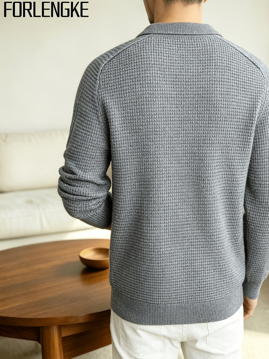 FORLENGKE Men'S Business Casual Lapel V-Neck Knit Sweater, Soft Warm Textured Long Sleeve Pullover Tops for Autumn Winter Office Daily Wear - Grey