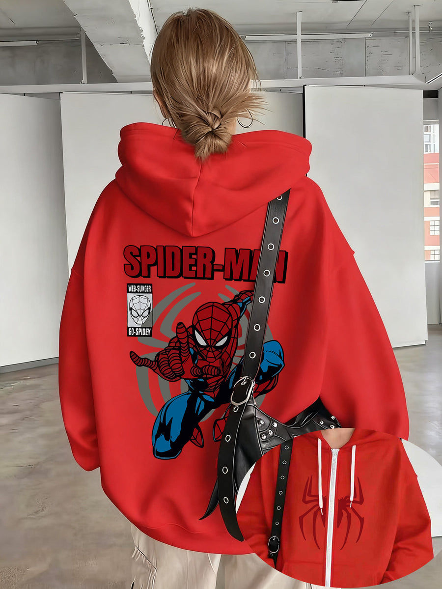 Licensed by Wb-Women'S Hoodie with Spidey Print-Spring And Autumn Casual Zip Hoodie, Fashion Sweatshirt, Spring And Autumn Vibrant Hoodie Zip Hoodie, Women'S - Red