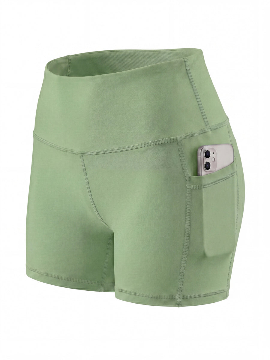 Summer Fashion Women's High-Waist 3-Inch Shorts with Pockets, Moisture-Wicking Summer Style - Anti-See-Through, Tummy Control, Non-Slip Waistband - Light Green