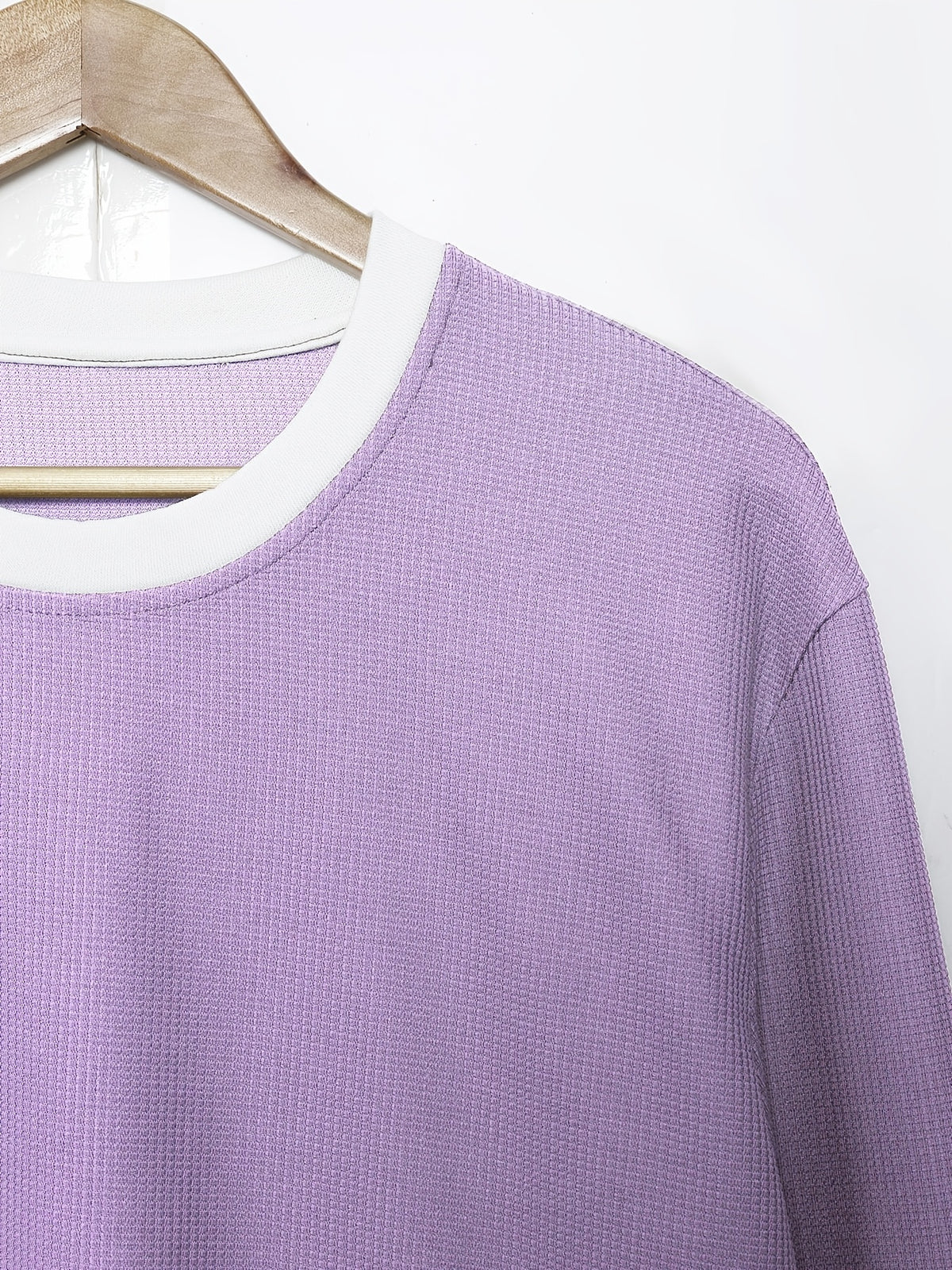 Men's Fashion Casual Color-Block 2-in-1 Look Loose Fit Pullover Crew Neck Sweatshirt with Waffle Knit Textured Fabric - Light Purple