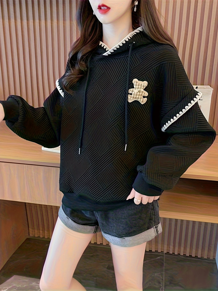 New Style Hooded Color-Blocked Lace 3D Patch Cartoon Waffle Sweatshirt for Women D1222A - Black