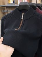 Men'S Thickened Semi-Open Zipper Stand Collar Knit Sweater, Ribbed Cuffs And Hem, Autumn/Winter Style, Single Wear And Layering, Light Mature Business Casual Style - Black