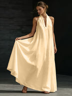 Women's Summer V-Neck Linen-Look Maxi Dress with Hidden Pockets - Light Khaki