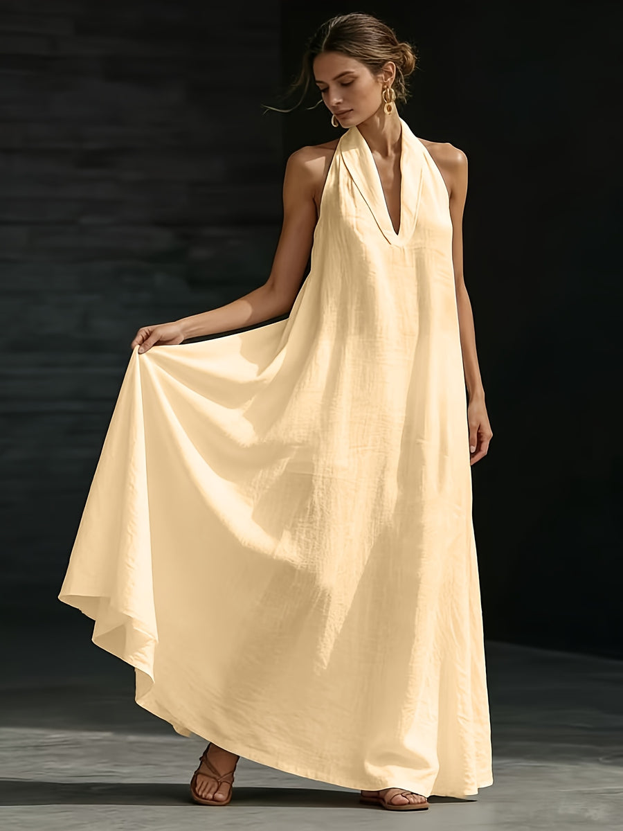 Women's Summer V-Neck Linen-Look Maxi Dress with Hidden Pockets - Light Khaki