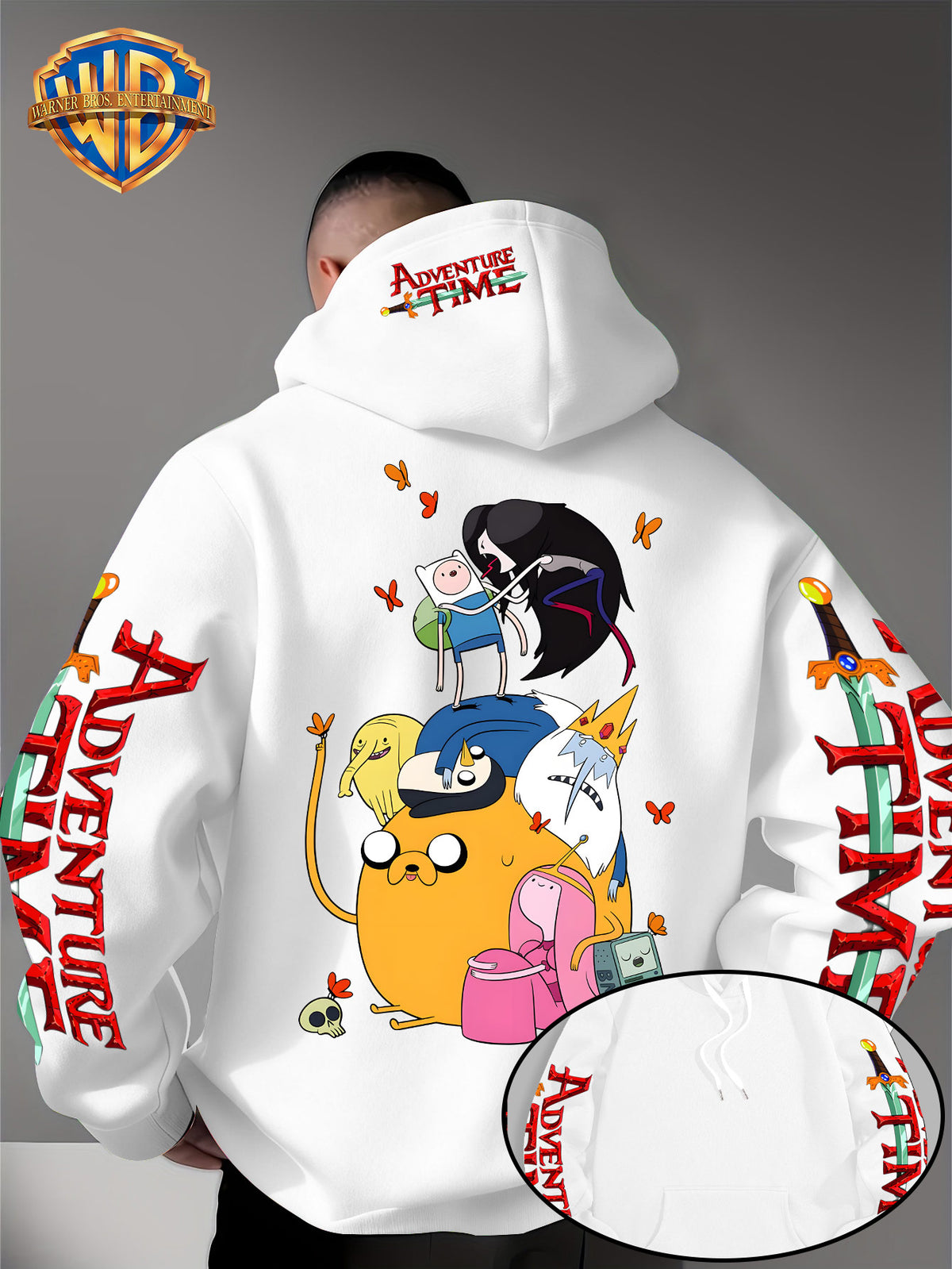 Warner Bros. Men's Adventure Time Full Cast Themed Trendy Fashion Pullover Hoodie with Family Portrait Character Print - White
