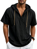 Men's Breathable Half-Zip Hooded Short-Sleeve T-Shirt - Loose-Fit Linen Summer Top with Zipper Collar, Solid Color Casual Beachwear Suitable for Vacation, Outdoor & Casual Attire, Machine Washable Linen Shirt - Black