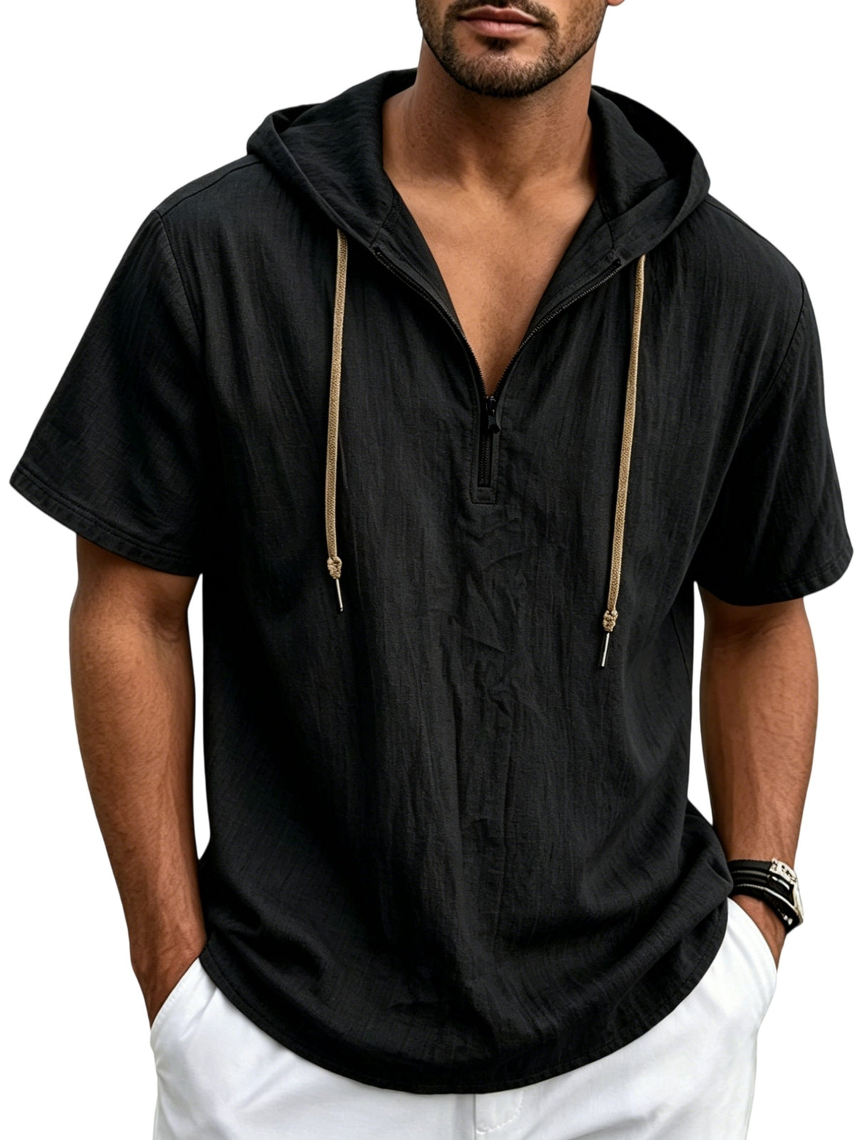 Men's Breathable Half-Zip Hooded Short-Sleeve T-Shirt - Loose-Fit Linen Summer Top with Zipper Collar, Solid Color Casual Beachwear Suitable for Vacation, Outdoor & Casual Attire, Machine Washable Linen Shirt - Black