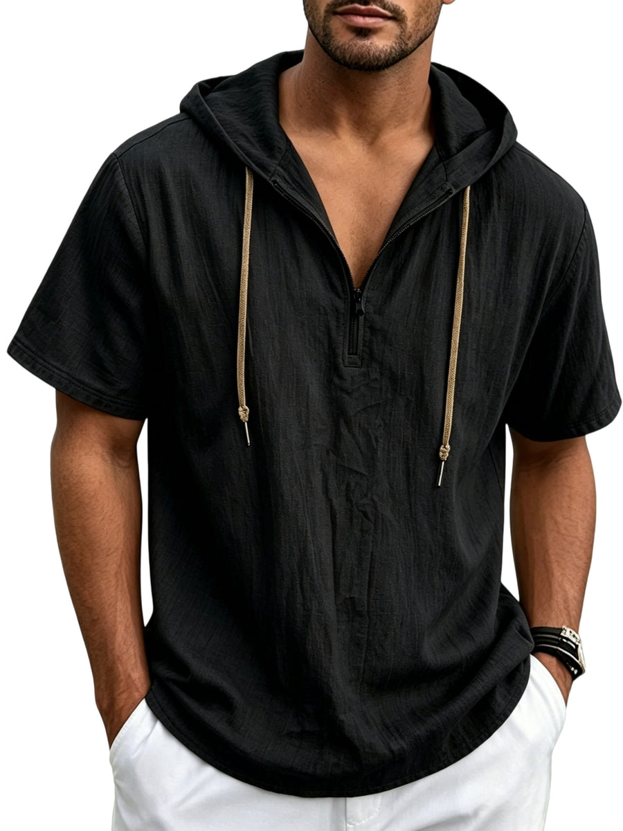 Men's Breathable Half-Zip Hooded Short-Sleeve T-Shirt - Loose-Fit Linen Summer Top with Zipper Collar, Solid Color Casual Beachwear Suitable for Vacation, Outdoor & Casual Attire, Machine Washable Linen Shirt - Black