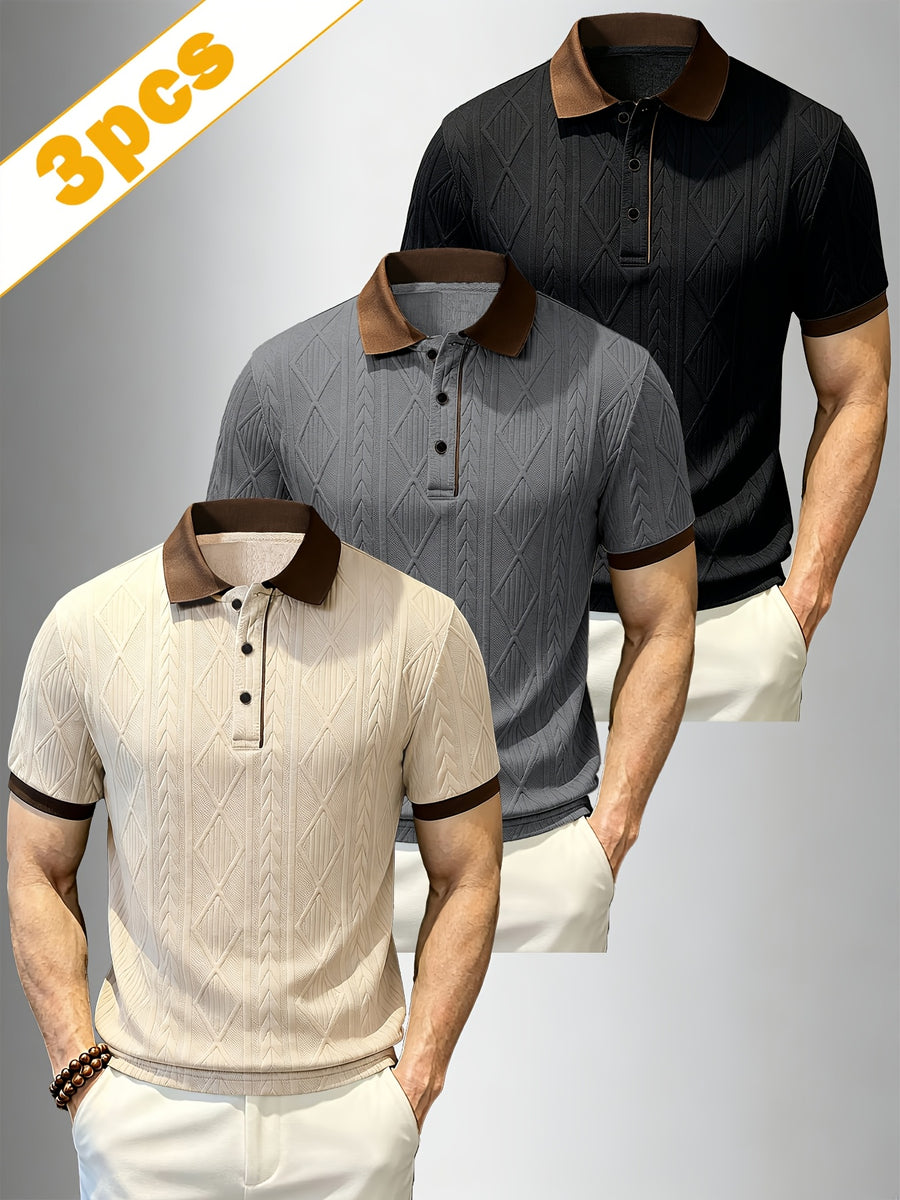 A Set of Three Stylish Men'S Jacquard Polo Shirts, Perfect for Spring, Autumn, And Summer. Made from Jacquard Fabric, They Are Comfortable, Skin-Friendly - Apricot, gray, and black