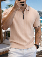 Joshmei OBM Men's Textured Jacquard Zipper Collar Polo Y Stretch T-Shirt Casual Style Polo Shirt - Khaki