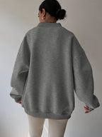 Autumn and Winter Fashion Women's Solid Color Loose Drop Shoulder V-Neck Sweatshirt - Grey