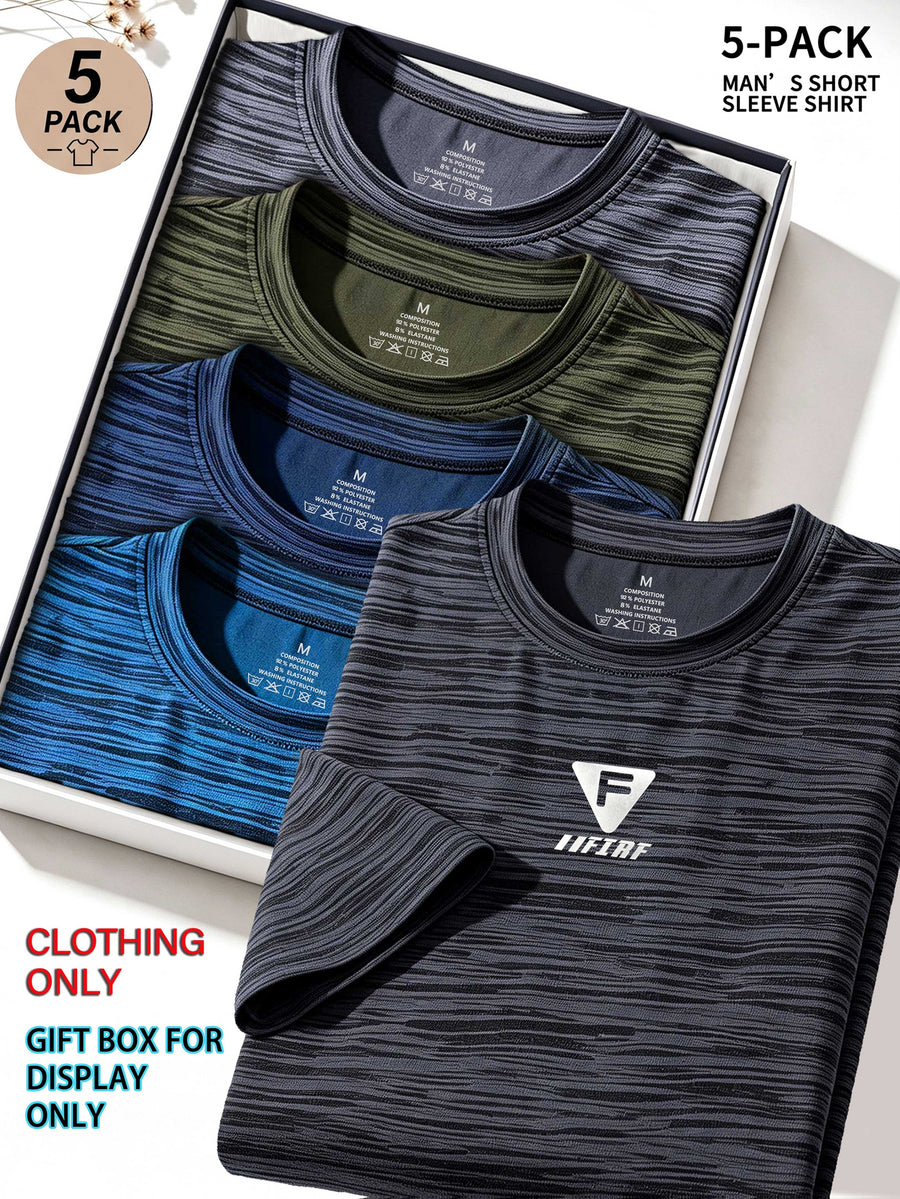 5pcs Men's Sports & Fitness Breathable Quick-Dry T-Shirts, Outdoor Travel Casual Running Printed Short-Sleeve Tees, Easy to Clean and Maintain, Lightweight T-Shirts for Daily Leisure and Gatherings, Classic Crew Neck Shirts - Dark Gray + Orchid Blue + Navy Blue + Army Green + Light Gray