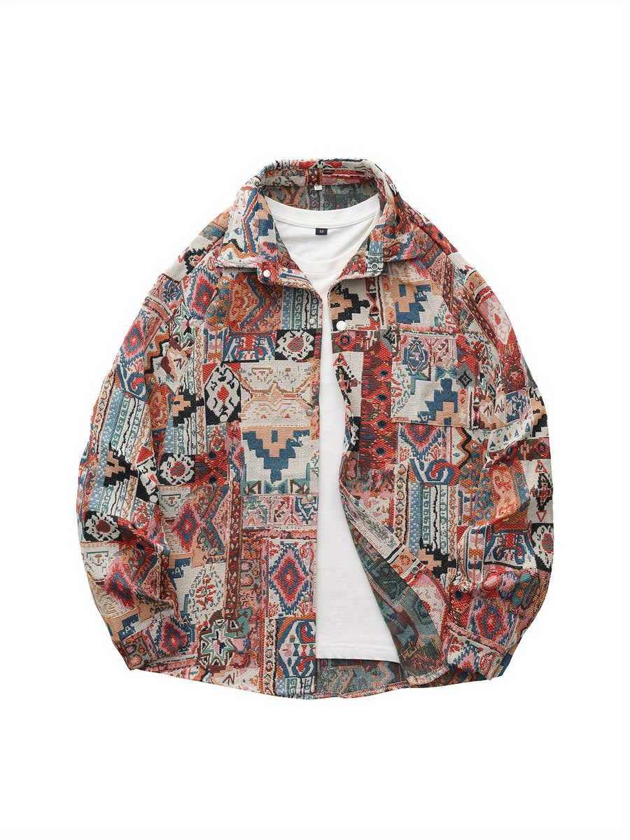 Men'S American Retro All-Over Floral Woven Teddy Bear Shirt Jacket, Men'S Autumn Premium Trendy Brand Bad Boy Influencer Casual Shirt - Dusty Rose