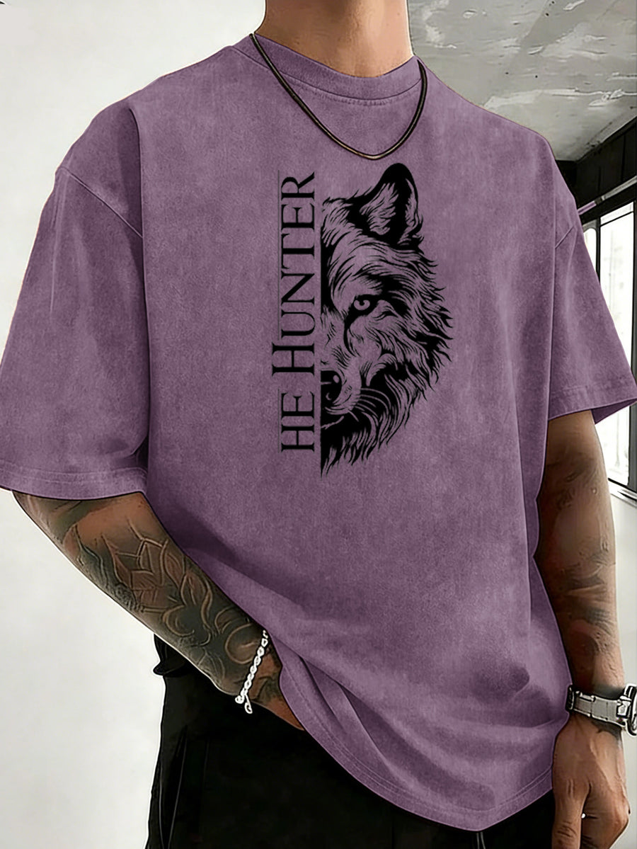 Vintage Washed Loose Double-Faced Print T-Shirt with Letter Pattern, Unisex Classic Basic Style, Soft And Durable Short Sleeve, Suitable for Students And Office Workers - Purple