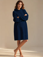 2pcs Long Casual Hooded Dress Set - Blue + Apricot