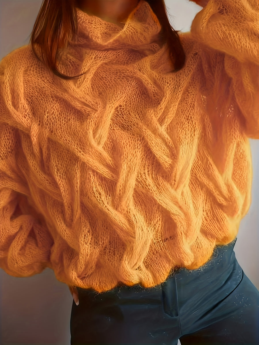 Valentine'S Day Festive Atmosphere Outfit for Women, Featuring a Lightweight, Sheer, Semi-Turtleneck Sweater with a Hollow Design, Perfect for a Relaxed, Soft, And Loose Style for Autumn And Winter - Orange-Red