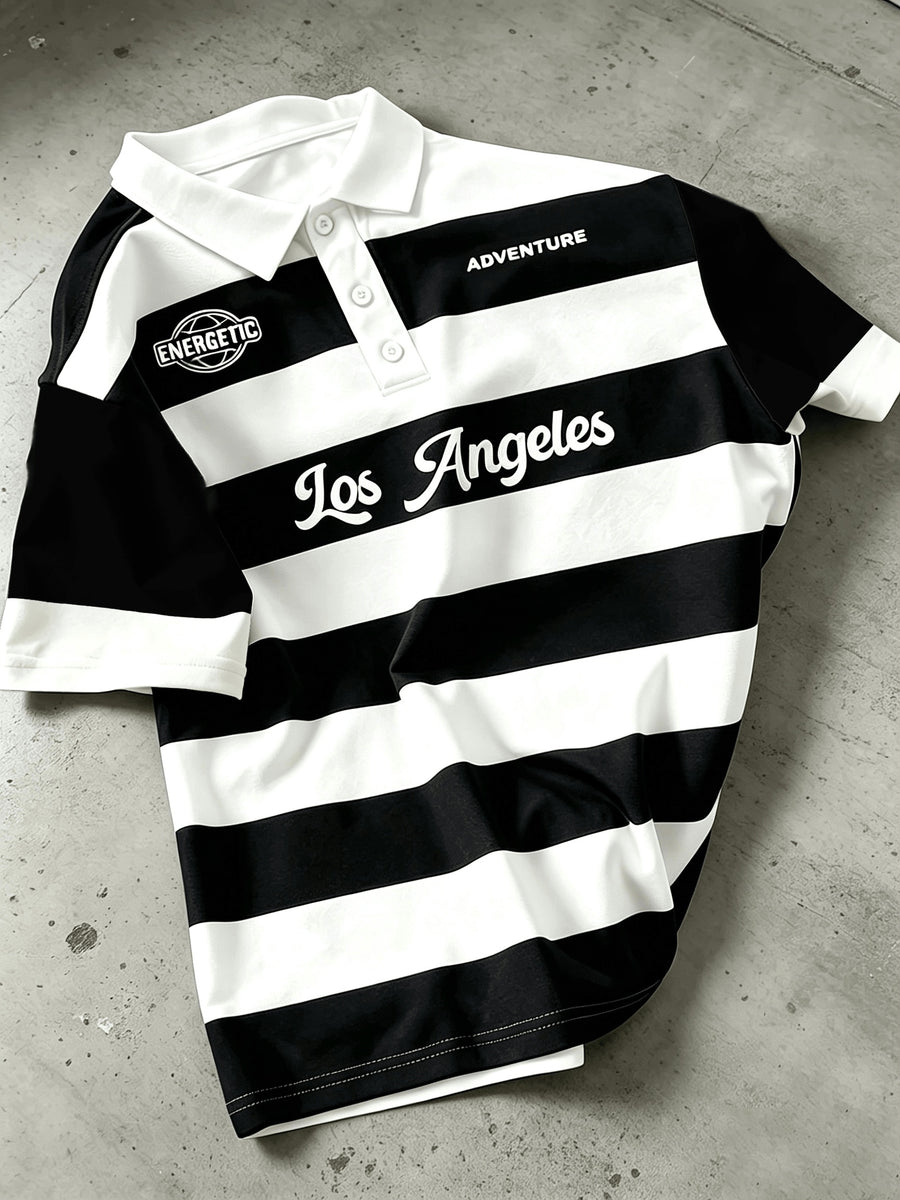 [Digital Print] Men'S Polo Shirt, Black And White Striped Print Short Sleeve Top, Lapel Style, American Casual Trendy Men'S Clothing, Multi-Color Selection - Mixed colors