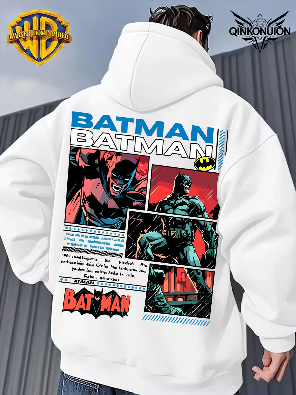 Warner Official Men'S Retro Comic Style Batman Hot-Blooded Trendy Printed Drawstring Hoodie, Warm And Machine Washable for Autumn And Winter, Multifunctional Street Sports And Leisure Loose Edition - White